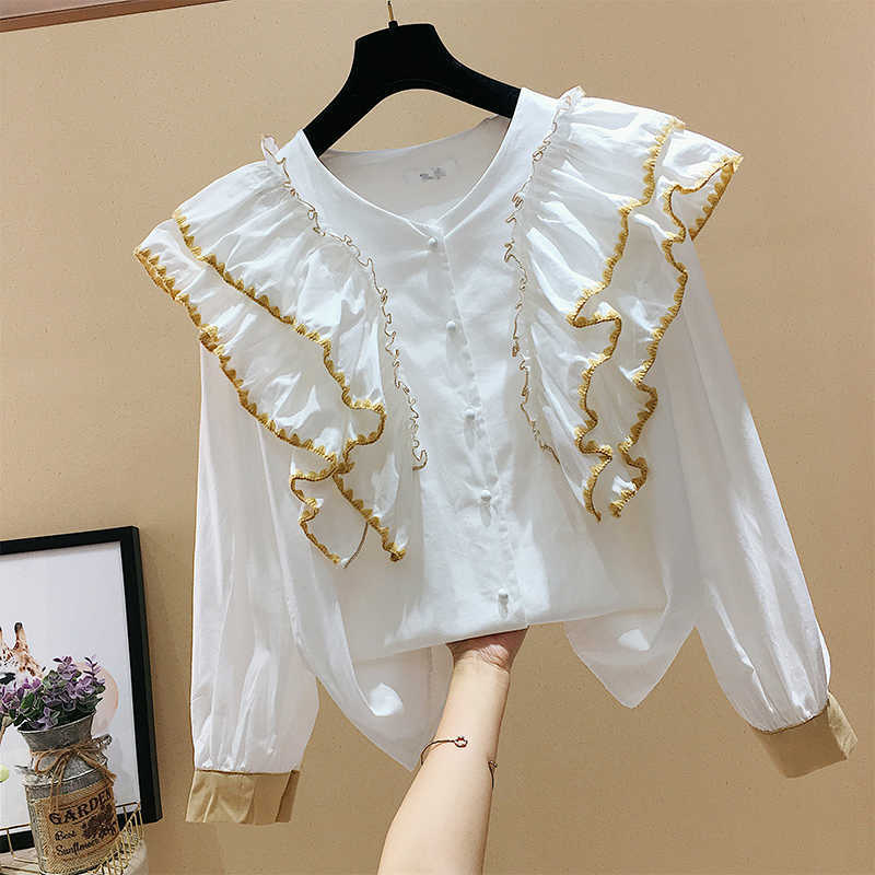 

Vintage Contrast Ruffles Patchwork Solid O Neck Full Shirt Women' Spring Top Blouse 210615, White