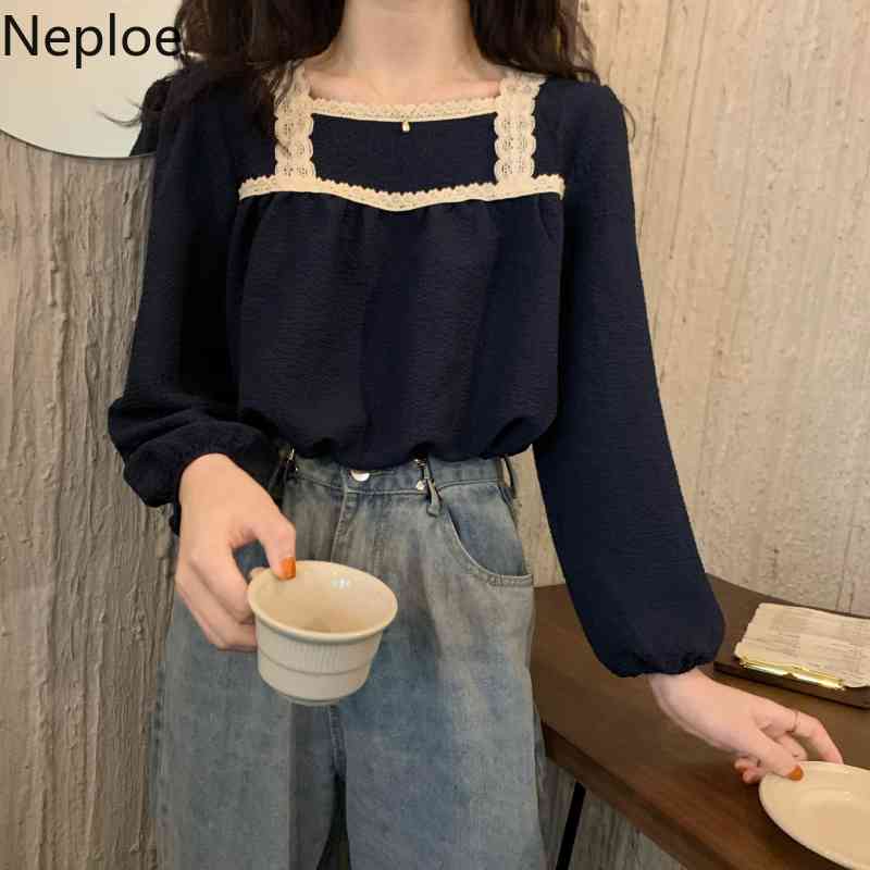 Neploe Chic Blouses Women Lace Patchwork Square Collar Shirt Loose Puff Sleeve Blouse Vintage Tops Blusas Mujer De Moda 210422