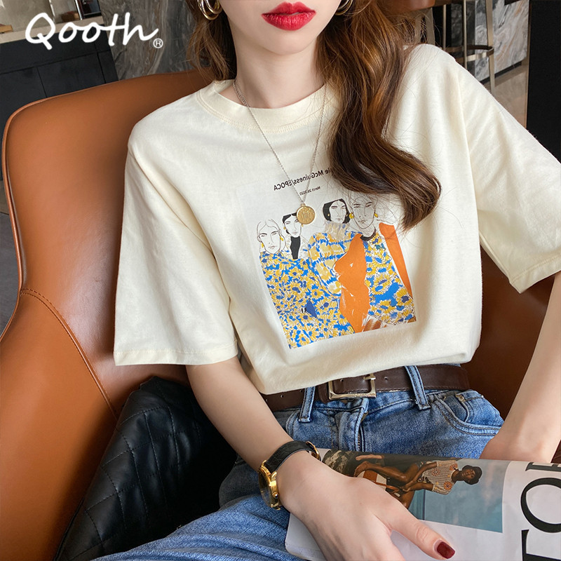 

Qooth Pure Cotton Printed Cartoon T-shirt Women's Summer Short-sleeved O-Neck T-shirt Causal Slim All Match Fashion Shirt QT706 210518, Black