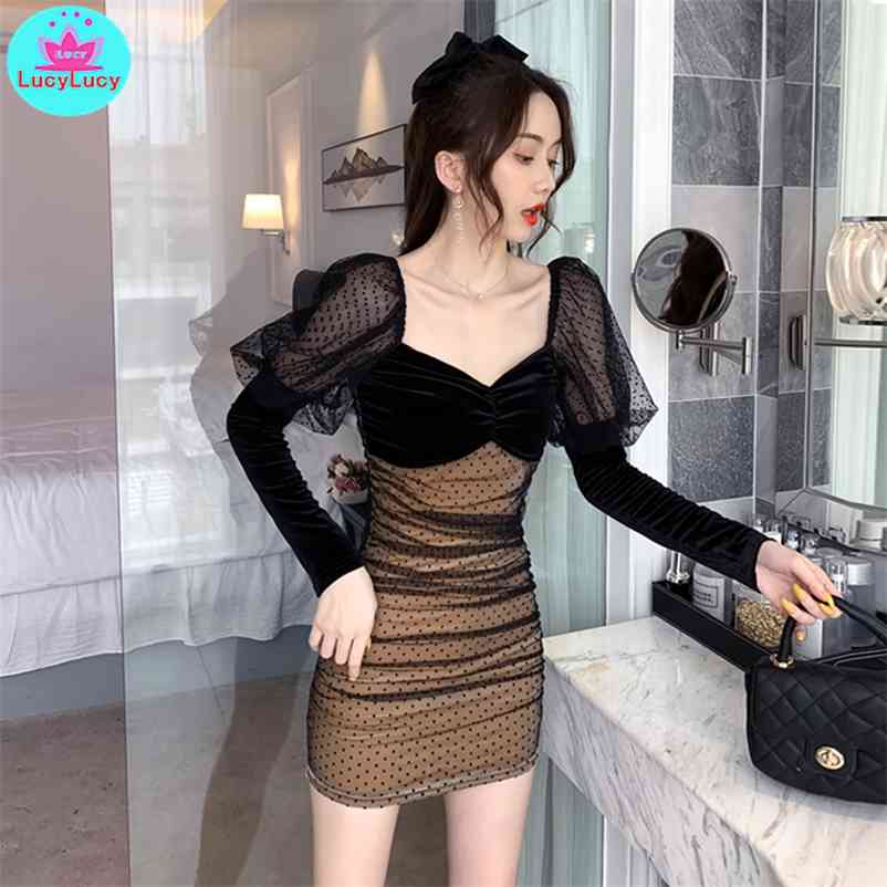 

Square Neck Puff Sleeve Slim Dress Autumn Women's Base Temperament Office Lady Zippers Knee-Length 210603, Black