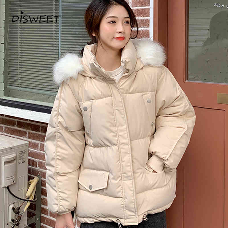 

down Thicken solid woman Korean Long Sleeve Slim Hooded Parkas women Simplicity winter warm Loose Fur collar Women's jacket, Black