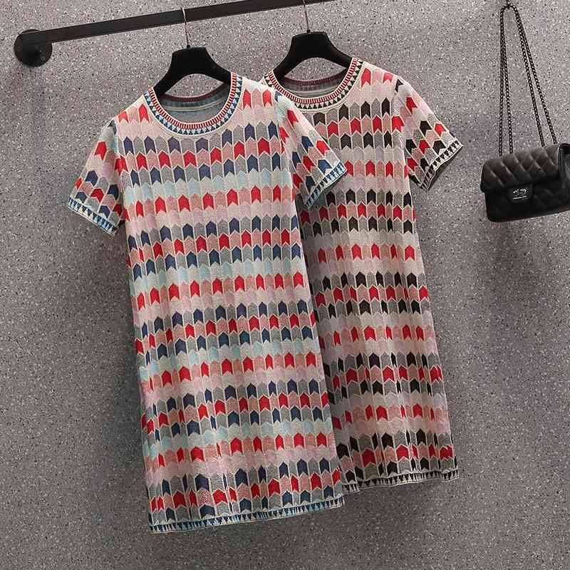 

Plus size -4XL Summer Vintage Fashion Women Elegant Geometry Pattern Straight Knit Dress O-neck Short Sleeve Pullover Knitwear 210525, Black