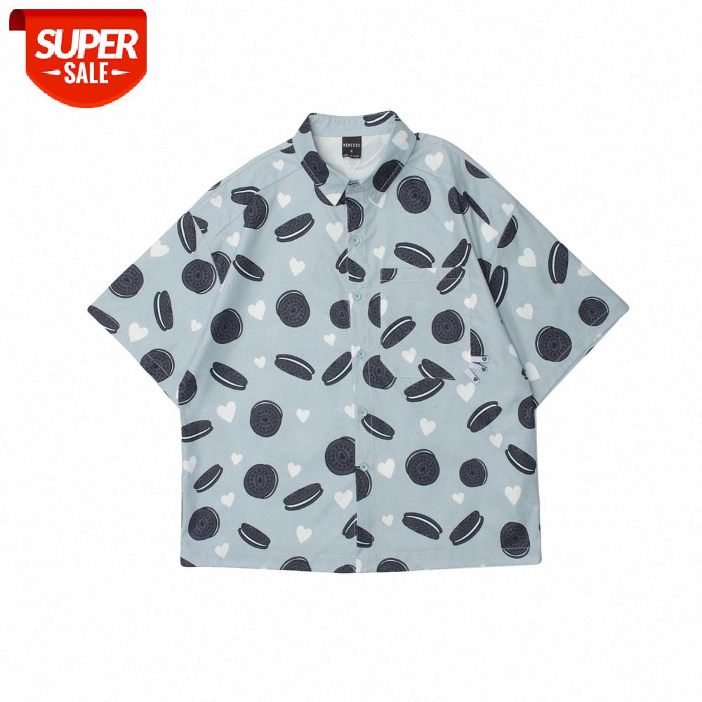 

Oreo biscuit full print short-sleeved shirt men's five-point sleeve street flow loose cardigan half #9e3l, White;black