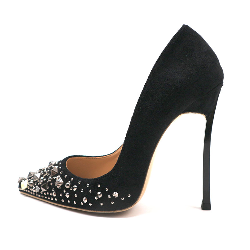 

sexy lady Women shoes Black suede mix spikes rivets pointy toe stiletto stripper High heels pumps 12cm big size 44, Black 10cm