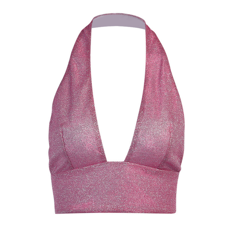 

Paris Girl Hanging Neck V-neck Wrap Chest Fashion Sexy Show Short Ladies Open Backless Crop Tops 210524, Pink