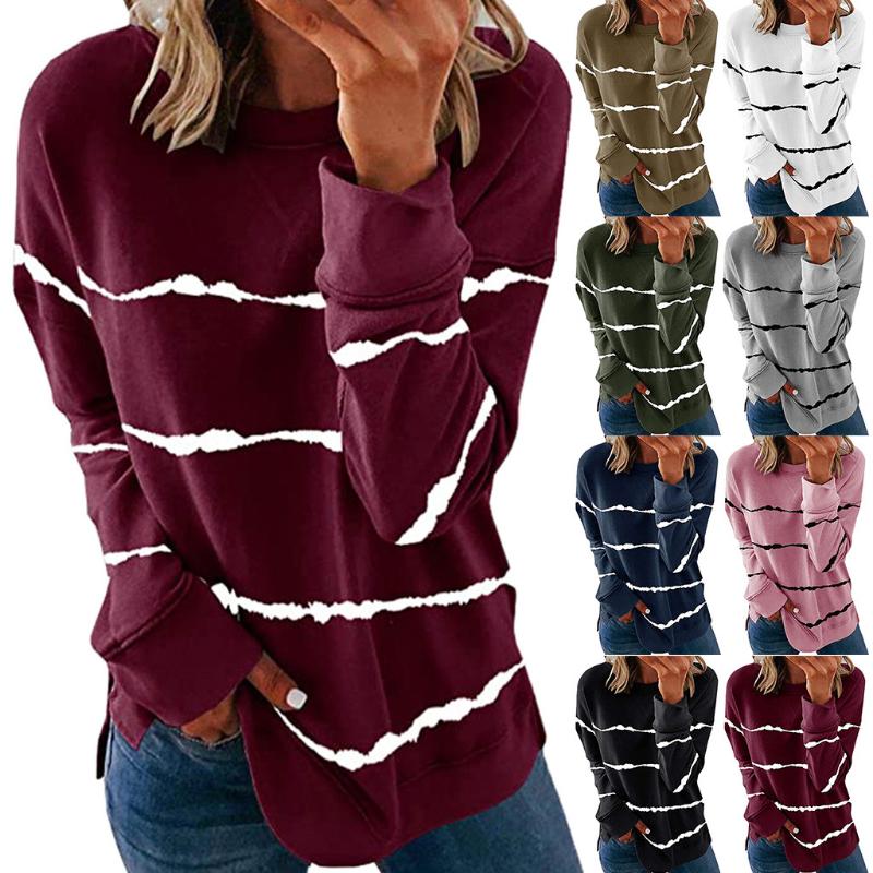 

Women's Blouses & Shirts Fashion Casual Striped Print O Collar Sweatshirts Crewneck Long Sleeve Loose Comfy Tunic 2021, White