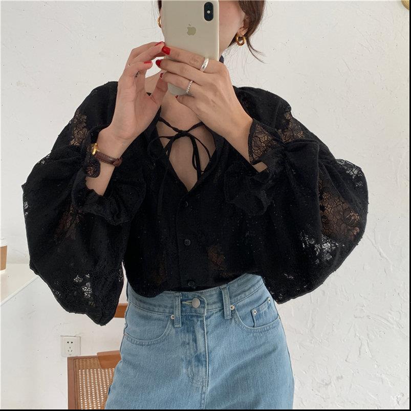 

womens shirts black thin lace lantern sleeves flowers streetwear all match casual ol women stylish gentle blouses, White