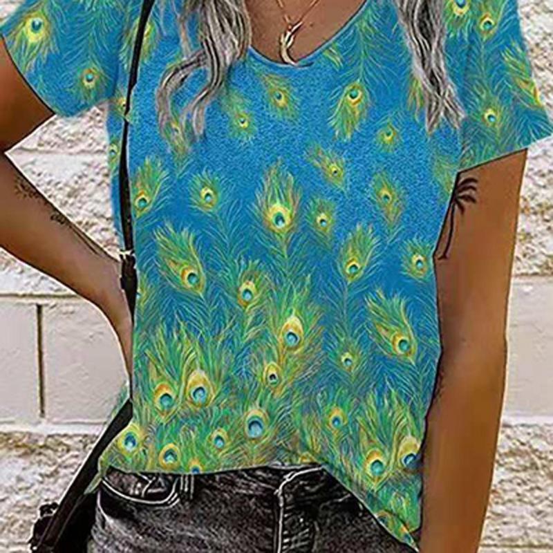 

Women's Blouses & Shirts Spring Summer Short Sleeve Streetwear Blusas Fashion Peacock Flower Print Blouse Women Elegant V Neck Loose Tops Pu, White