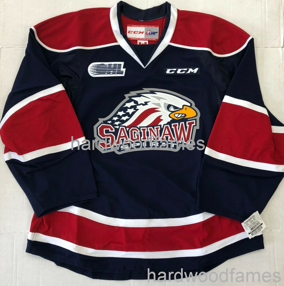 

Stitched New CCM Saginaw Spirit Hockey Player Jersey OHL CHL custom any name number, Blue
