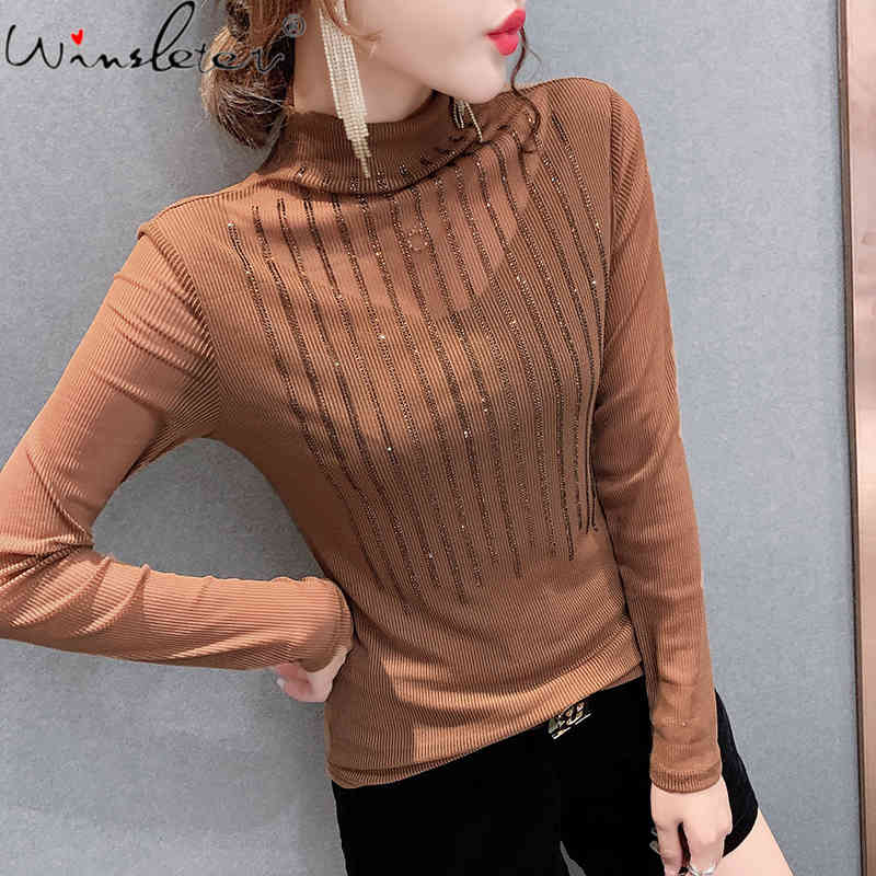 

Women's T-Shirt Spring Fall European Clothes Girls Fashion Sexy Shiny Patchwork Mesh Diamonds Women Tops All Match Slim Tees T1160, Coffee tshirt