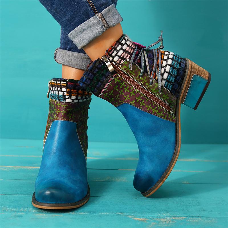 

Boots Autumn Winter Women's Cross Strappy Punk Ankle Platform Chunky Heels Ethnic Vintage Ladies Shoes Botas Mujer, Blue
