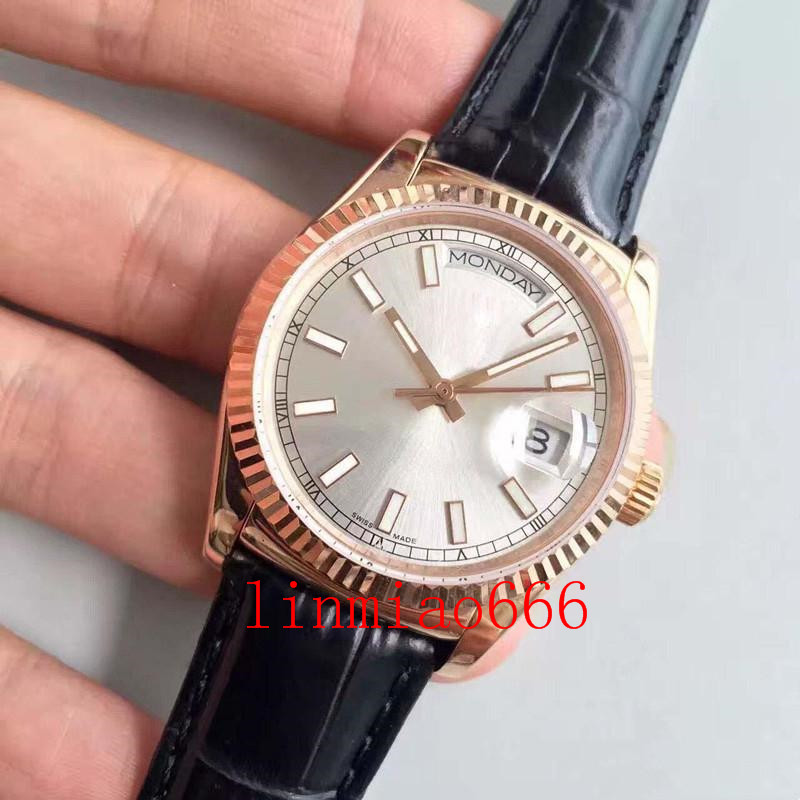 

classic 36mm men's day date watch, white dial, sapphire mirror automatic movement, leather strap with original buckle, Slivery;brown