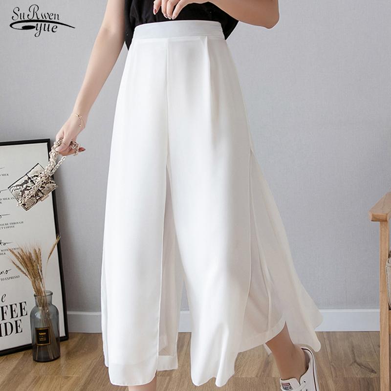 

Women' Pants & Capris 2021 Summer Drape Chiffon Pant Lady Three-color Wide-leg Women Comfortable Loose Nine-point Hakama Pantalones Mujer 1, Black