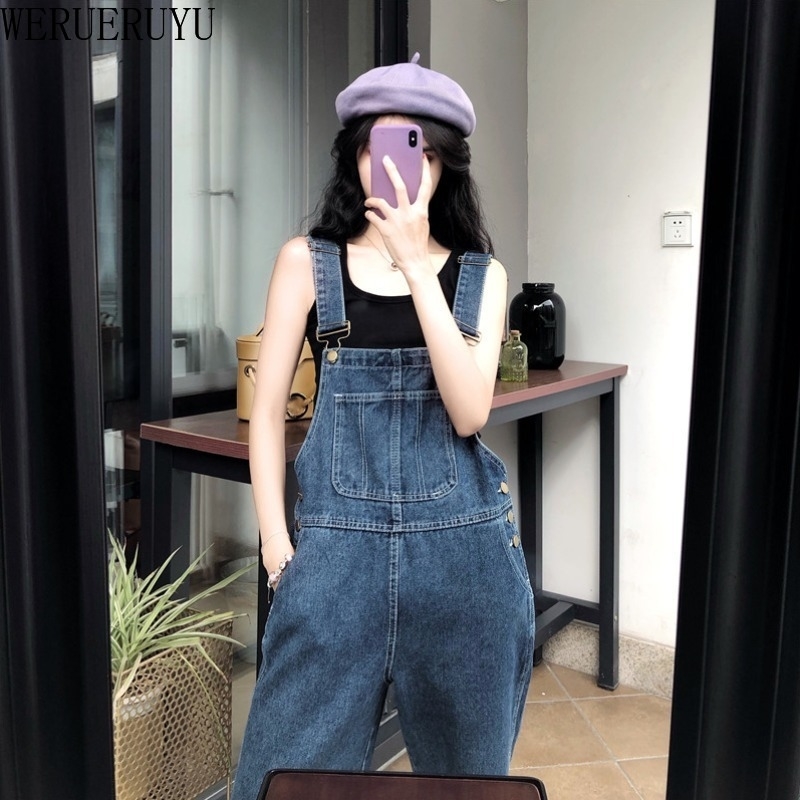 

WERUERUYU Casual Women Pockets Loose Suspender Denim Ninth Trousers Comfortable Pants Breathable 210608, Mint