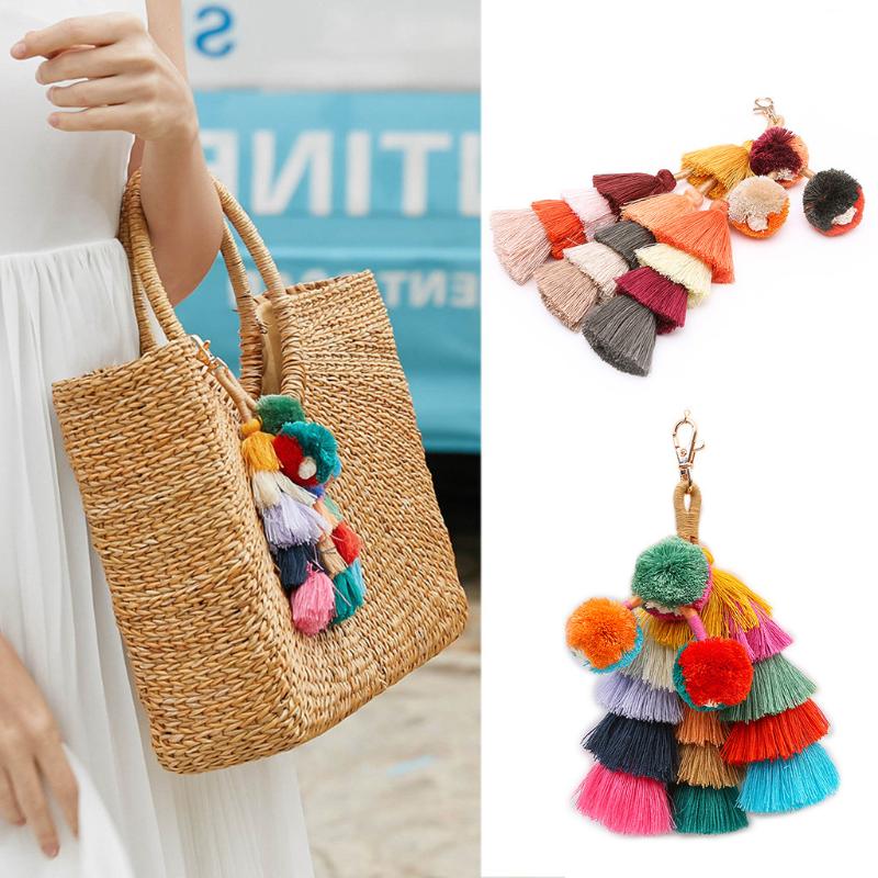 

Keychains Fashion Women Layered Colorful Boho Pom Tassel Bag Charm Key Chain F619