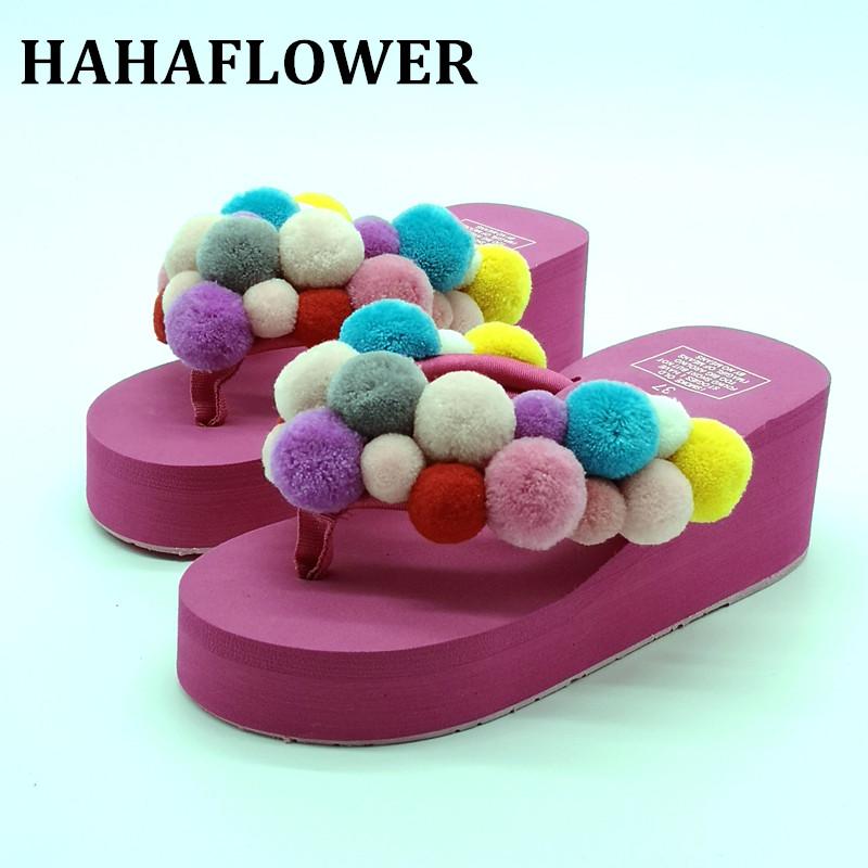

Slippers HAHAFLOWER 2021 Women Summer Casual Small Big Fur Ball Female Heel Indoor Shoes Beach, Black