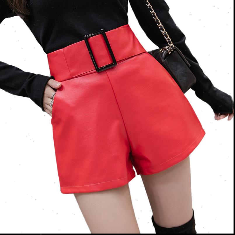 

korean women shorts pu faux leather autumn winter high waist wide leg short ladies plus size black femme, White;black