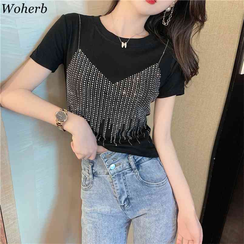 

Diamond Short-sleeved T-shirt Summer Fashion Slim Fit O Neck Pullover Tees Shirts Korean Casual Loose Basic Tops 210519, White