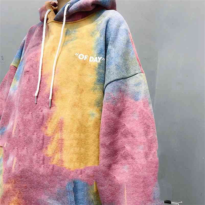 

Autumn Winter Streetwear BF Harajuku Hooded Coat Oversize Hoodies Tie Dyed Sweatershirt Female Loose Velvet Thicken 210519, Blue