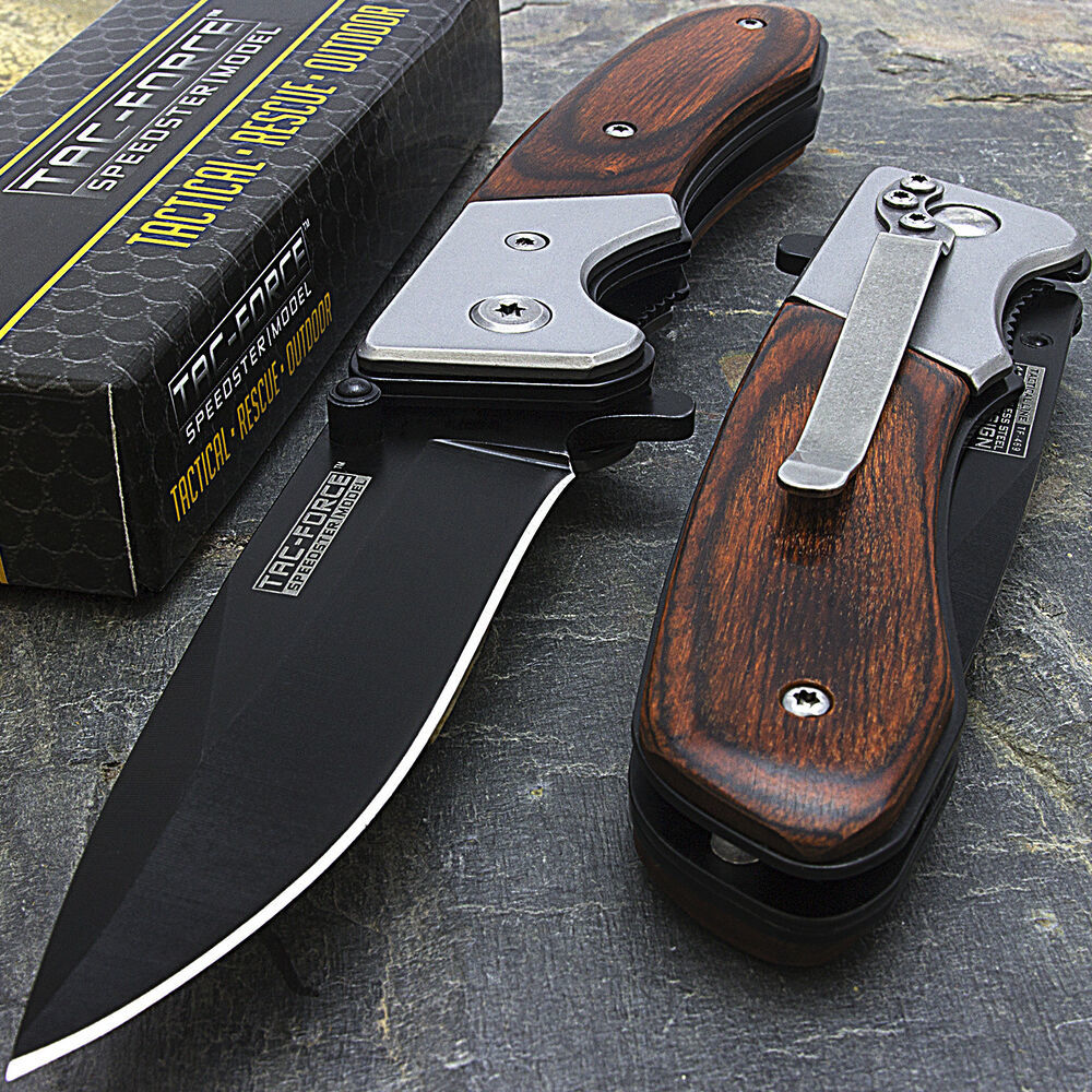 

7" TAC FORCE SPRING ASSISTED WOOD FOLDING POCKET KNIFE Blade Tactical Open