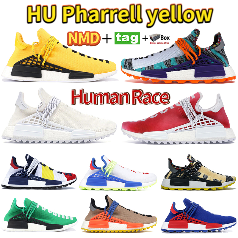 

NMD Human race running shoes PW HU Pharrell yellow Solar Pack Orange BBC Multi-Color blue plaid sneakers men women trainers With box, Bubble wrap packaging