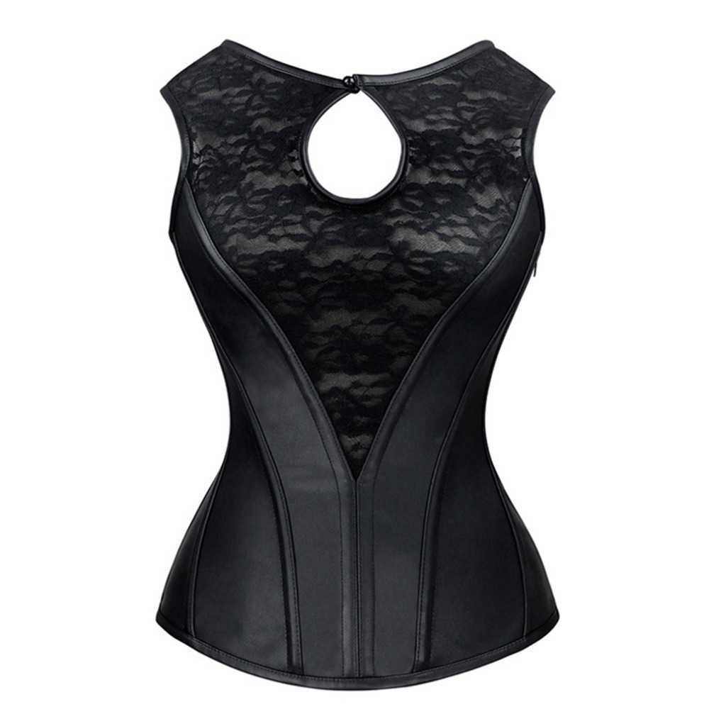 

Sladuo Black See Through Floral Lace & Leather Overbust Corsets And Bustierts Steel Bone Bodyshaper Waist trainer Vest Corset