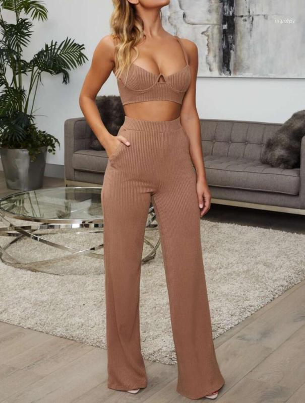 

Women's Tracksuits Women Summer Sexy Sleeveless Khaki Two Piece Long Bandage Set 2021 Celebrity Designer Fashion Set1