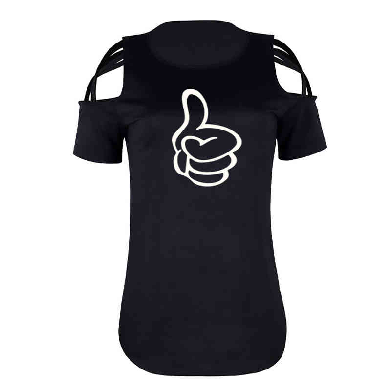 

Plus Size Thumb Up T-shirt Women Fashion Off Shoulder Short Sleeve T Shirt Harajuku Causal Hollow Out Women Top Summer, White
