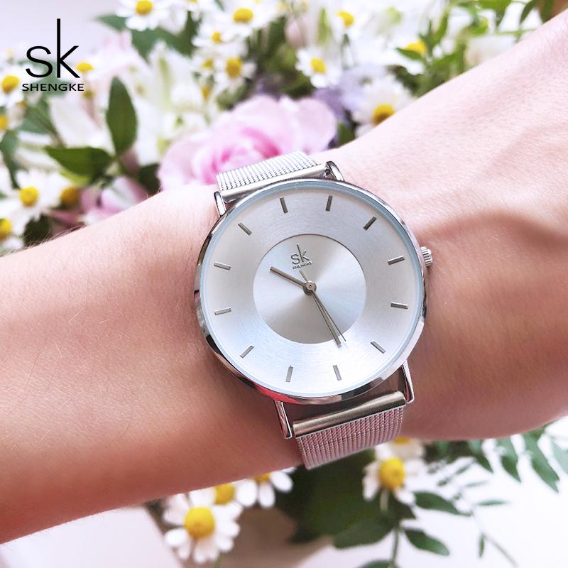 

Wristwatches Shengke Women's Quartz Watches Luxury Simple Black Gold Female Watch 2021Ladies Birthday Gift, Slivery;brown
