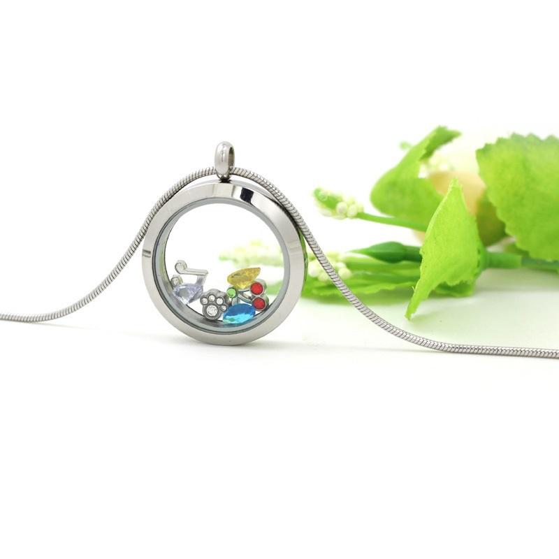 

Pendant Necklaces 1pc 35mm 316L Stainless Steel + Glass Twist Floating Memory Locket Necklace Send 5pcs Free Charms