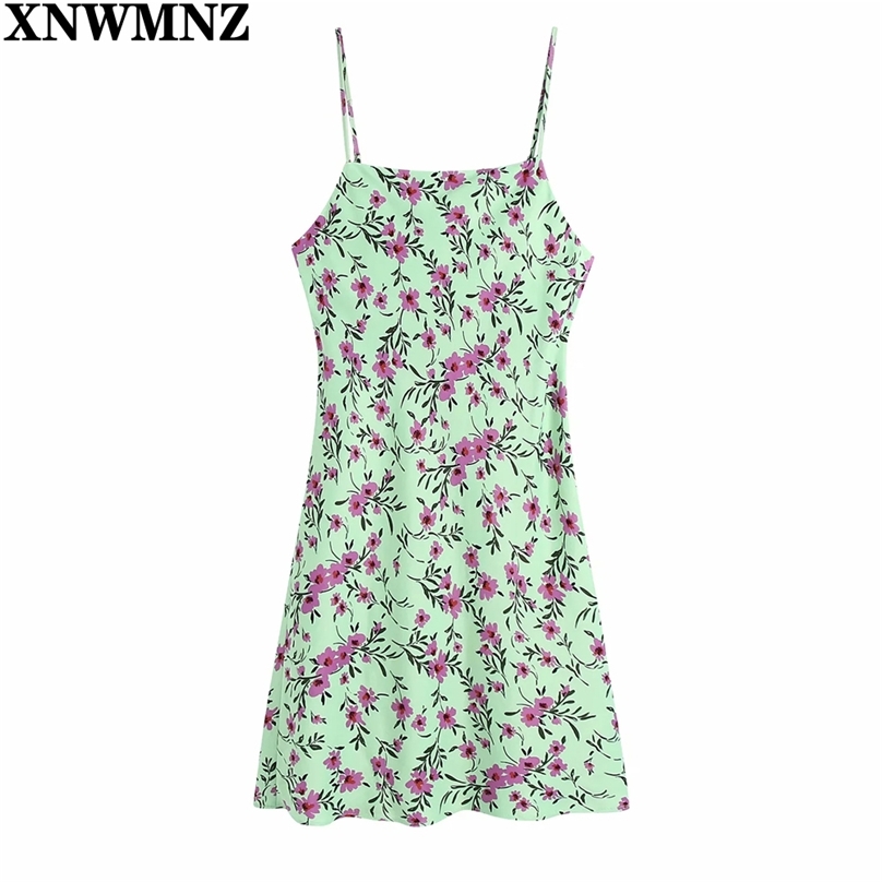 

Wome Fashion Leaves Flower Print Sling Mini Dress Female Chic Backless Button Up Spaghetti Strap Slim Vestidos Lady 210520, Green