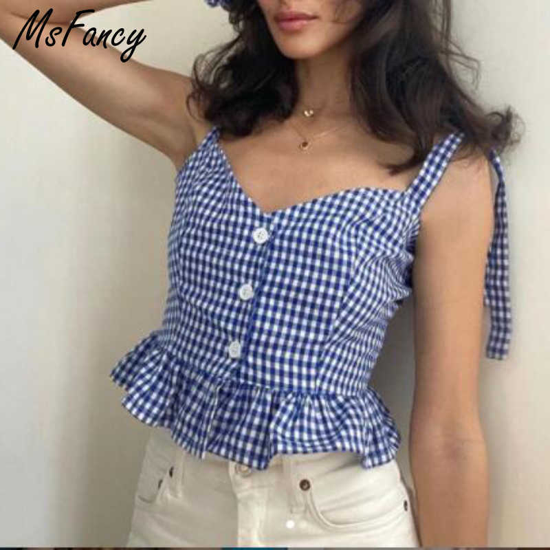 

Msfancy Summer Plaid Crop Tops Women Boho Style Sleeveless Camisole Mujer Adjustable Shoulder Girdle Tops 210604, Blue