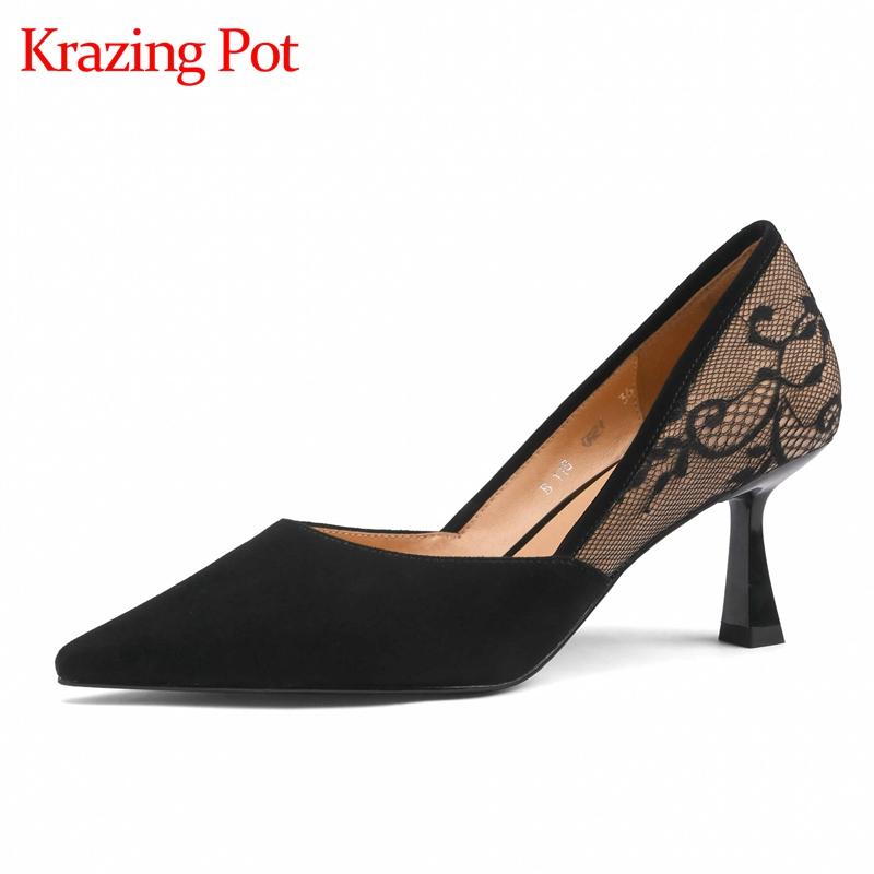 

Dress Shoes Krazing Pot Spring Mesh Embroidered Ins Party Sexy Pointed Toe Shallow Thin High Heels Mature Sheep Suede Women Pumps L51, Apricot