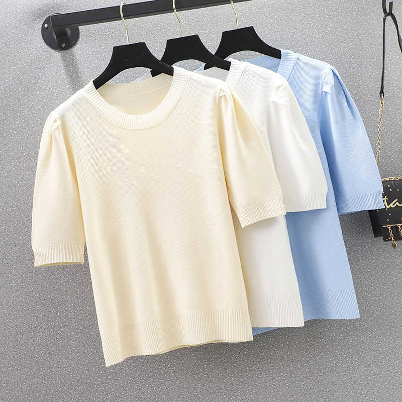 

Summer Short Sleeve Thin Knitted Pullover Button Tops Women Summer Solid Casual Korean Pull Femme Jumper Female Tee Shirt 210604, Blue
