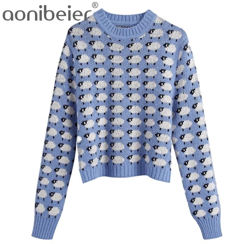 

Sweet Women Cartoon Sheep Print Sweater Fashion Ladies Chic O-Neck knitted Tops Streetwear Female Cute Blue Pullovers 210604, Light blue