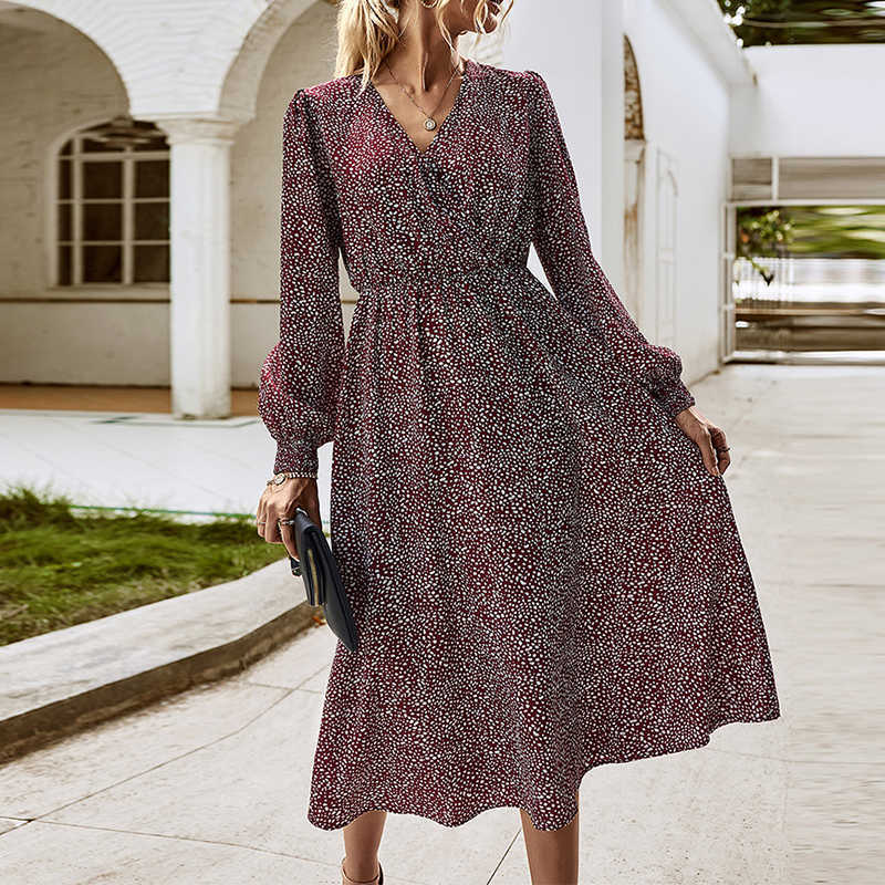 

Elegant Printed Autumn Women Dress Sexy V-Neck Long Sleeve High Waist Midi Lady Dresses Vestidos W208 210526