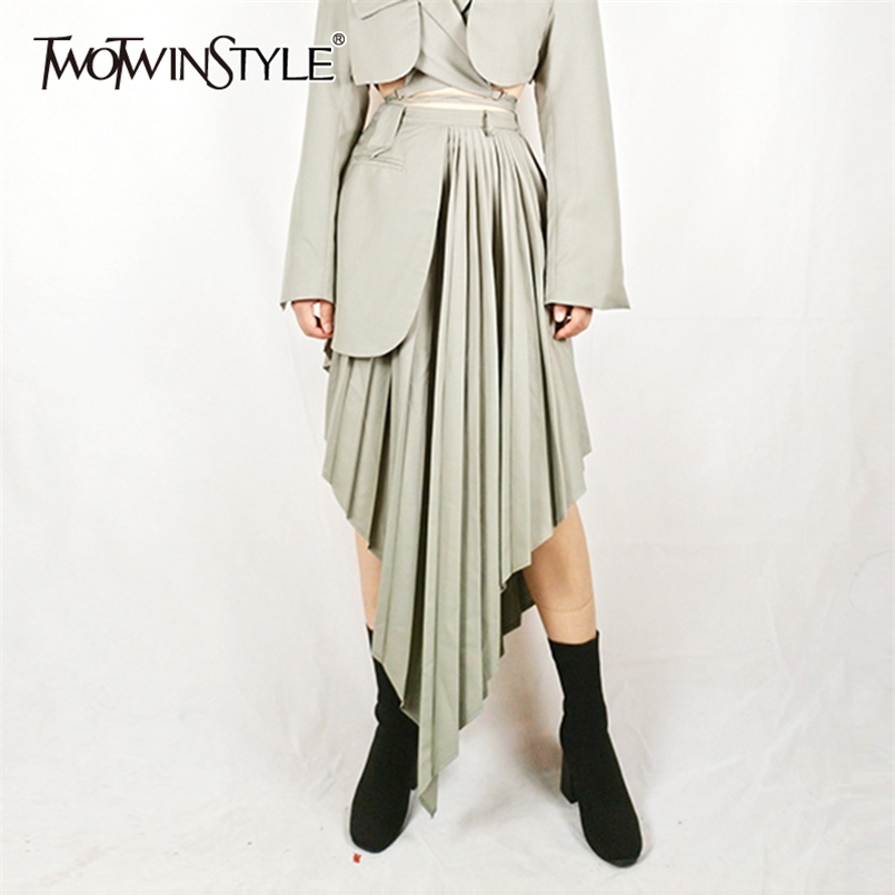 

Pleated Black Skirt For Women High Waist Asymmetrical Irregular Hem Casual Skirts Female Fashion 210521, Green