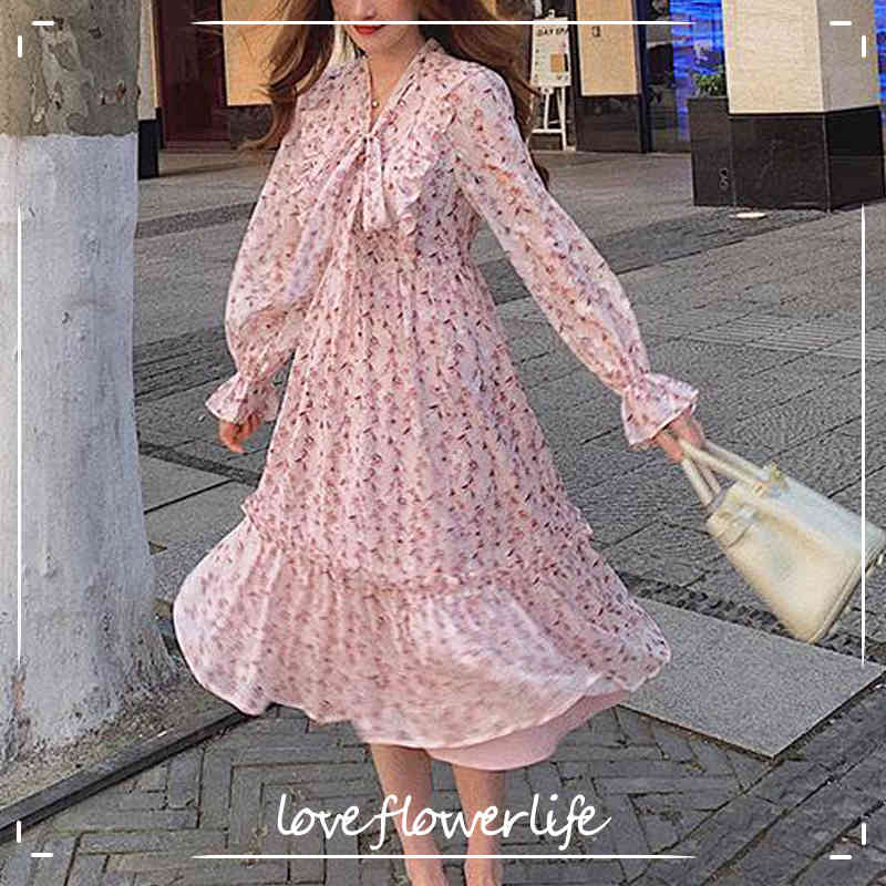 

Sweet Floral Dress Women Beach V-neck Bow Evening Party Floral Dress Female Office Lady Dress Korean Summer Fairy 210521, Apricot