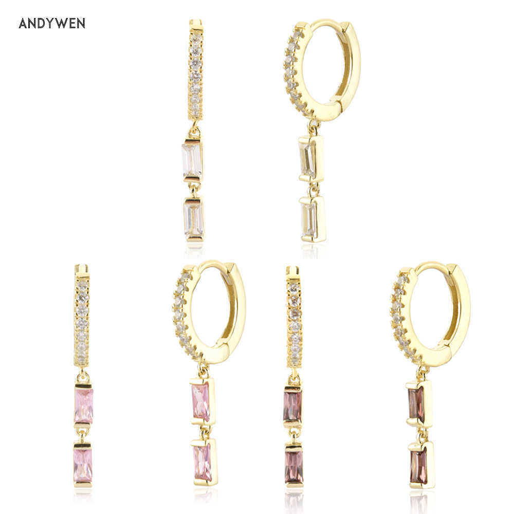 

ANDYWEN 925 Sterling Silver Two Zircon Chain Drop Earring Women Piercing Pendiente Clips Luxury Party Three Color Loops 210608