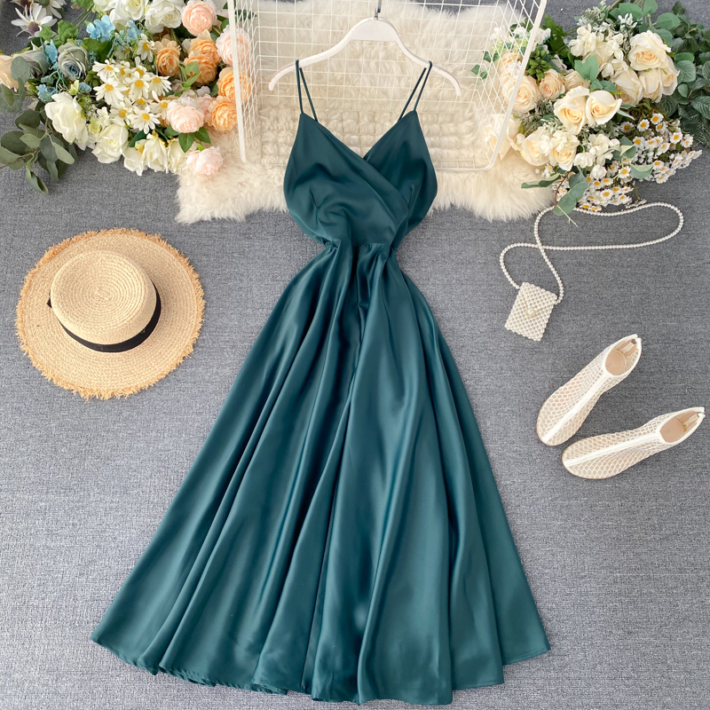 

2021ftlzz new summer women v neck high waist a-line party tank sundress elegant bandage bow long dress vestidos multicolour, Black;gray