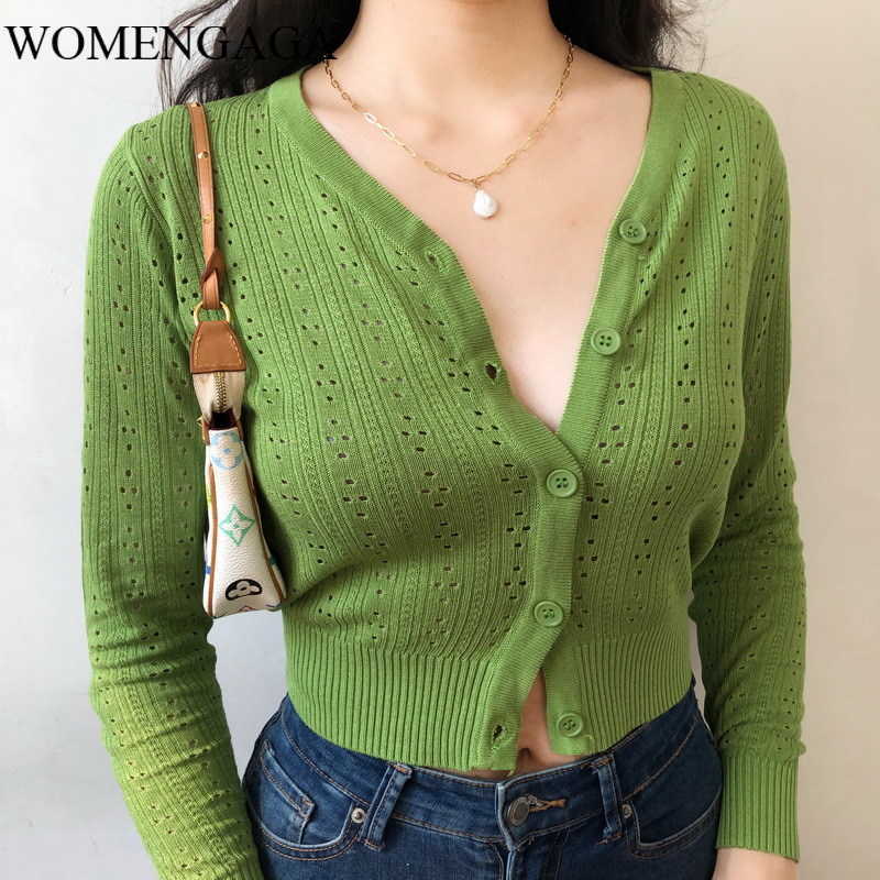 

Women Thin Hollow Out Knit Cardigan Open Stitch White Green Cardigans Long Sleeve See Through Sexy V Neck Tops High Street M5YI 210603