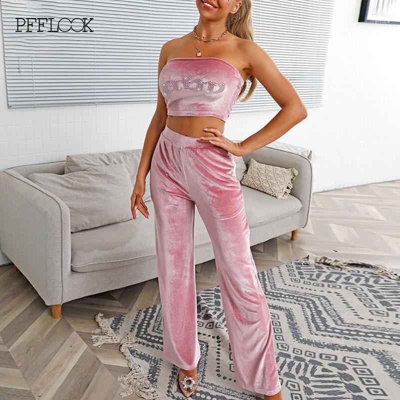 

Women' Tracksuits PFFLook Velvet Pink Two Piece Set Crop Top And Long Pants Strapless Backless 2 Women Tracksuit Matching 20211