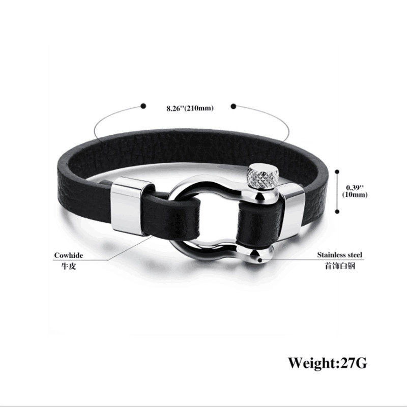 2022Stainless Steel Shackle Buckle Leather Survival Bracelet Men-image-749937151