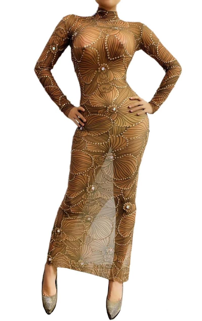 

Casual Dresses Women Stage Outfits Shiny Rhinestone Printing Mesh Perspective Singer Crystal Sexy Evening Party Celebration Prom Club Dress, As pic