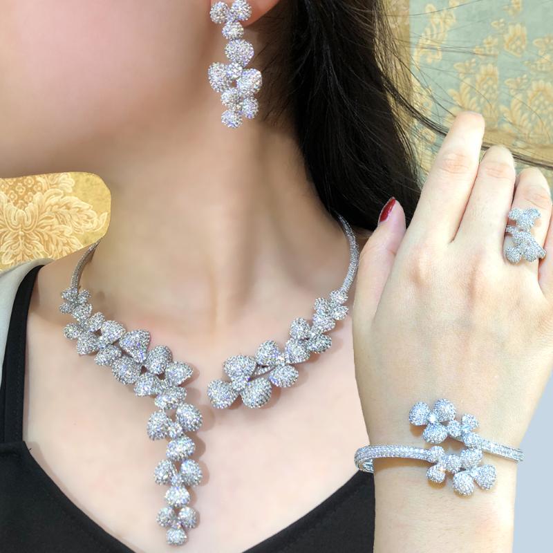 

Earrings & Necklace Blachette Luxury Noble Flower Bangle Ring Dangle 4PCS For Women Bridal Wedding Banquet Jewelry Sets, As pic