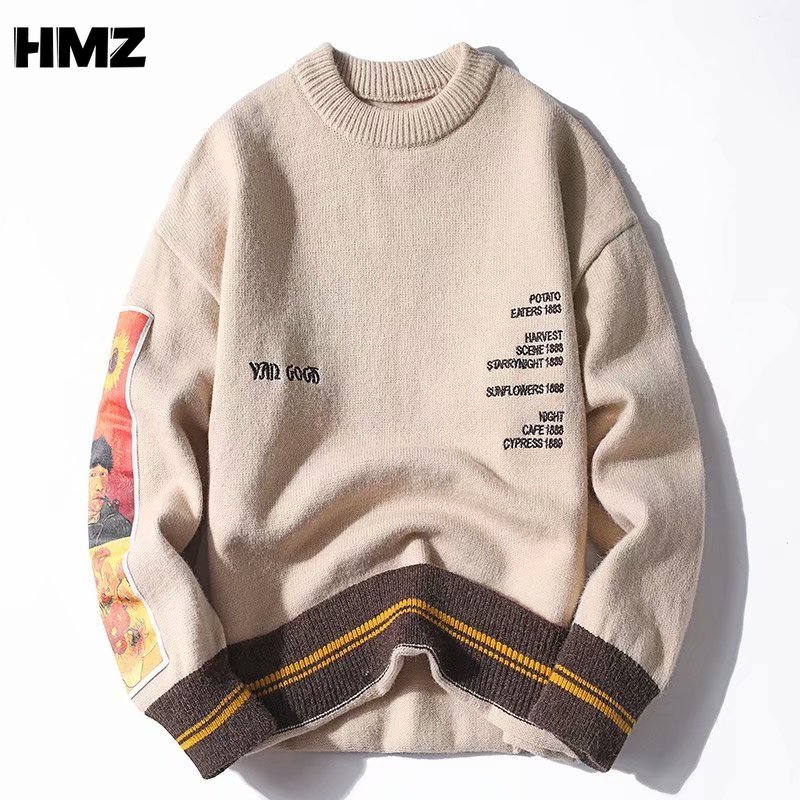 

HMZ Van Gogh Sleeve Patchwork Pullover Knit Sweater Mens Hip Hop Embroidery Pullover Crewne Knitwear Sweaters Streetwear Tops, Black