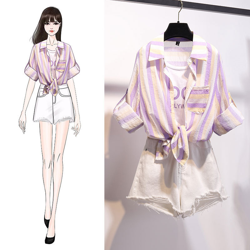 

Summer Fake two Striped Bow Bandage Tops+ Hole Tassel White Denim Shorts 2 Piece Student Sets Shirt Outfits 210525, Only shorts