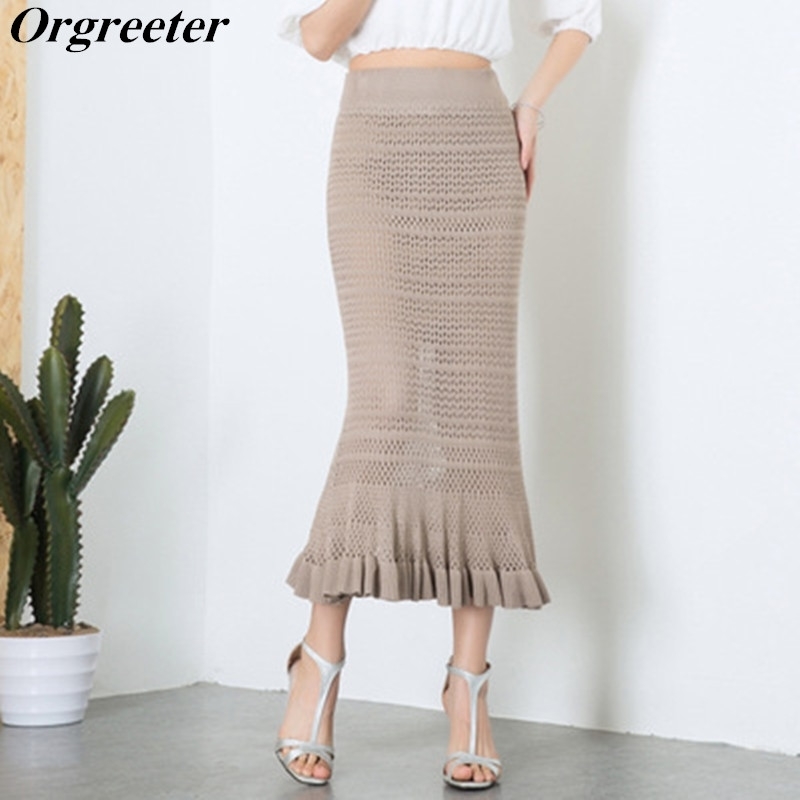 

Elegant Ladies Knitting Long Maxi Slim Bodycon Skirts Women Hollow Out Elastic High Waist Mermaid Skirt White Black Khaki 210525