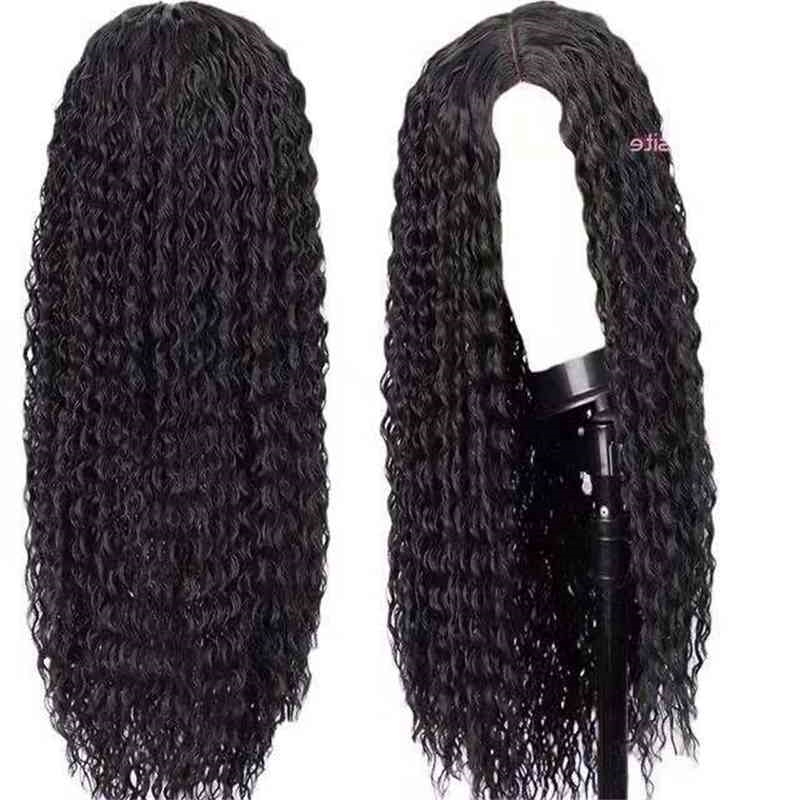 

small women's long straight curly black fluffy chemical fiber hair headgear