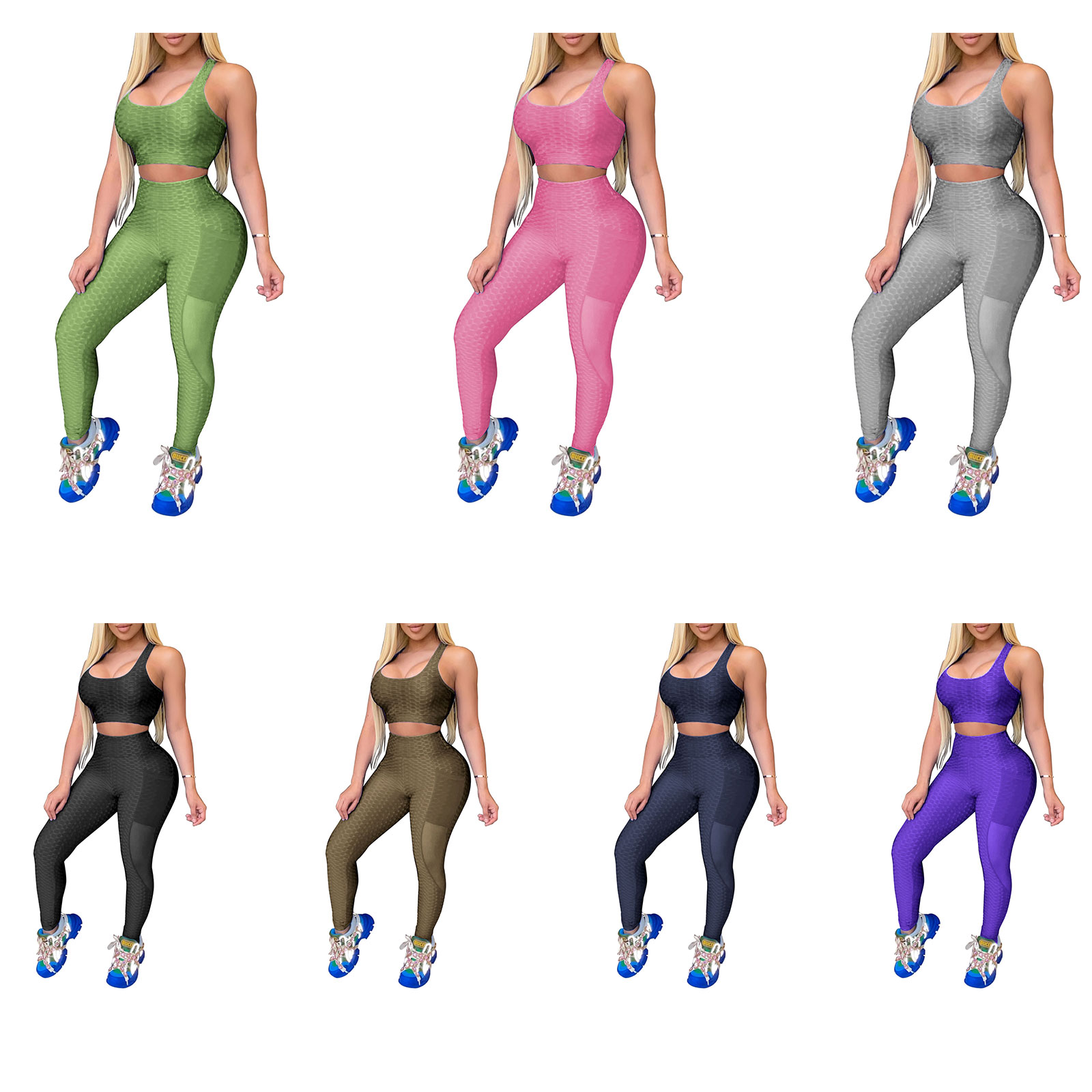 

Women 2 Piece Workout Set Sports Bra and Leggings Plus Size Yoga Outfits High Waisted Textured Tracksuit Activewear